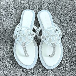 Tory Burch Pavé Knotted White Sandals with Silver rhinestone Accents
